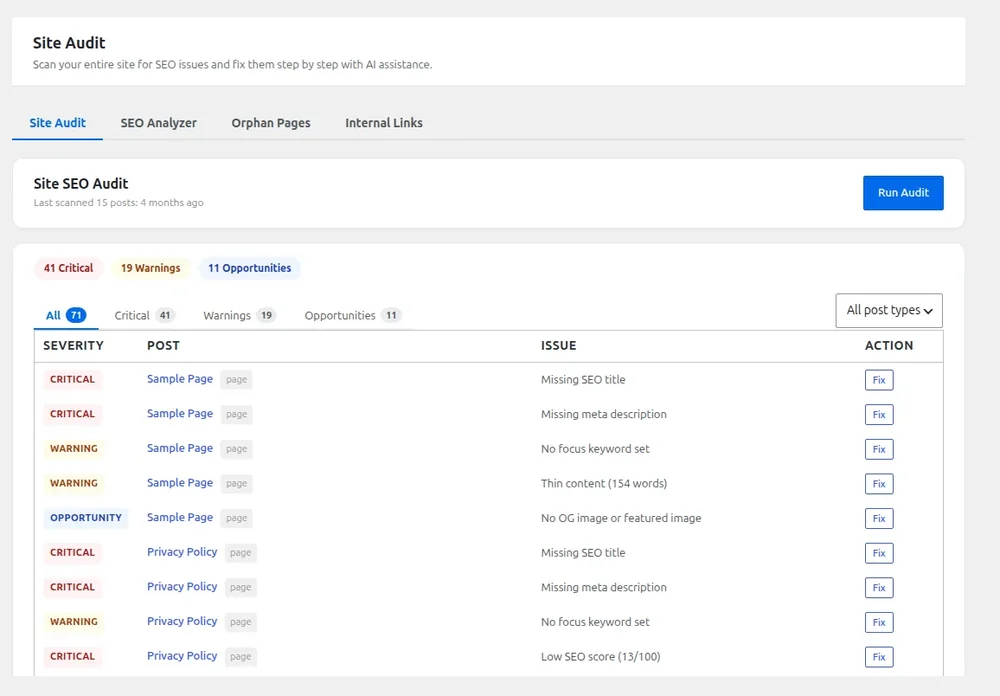 Rank Bix Site Audit listing critical issues, warnings and opportunities with a Fix button on each