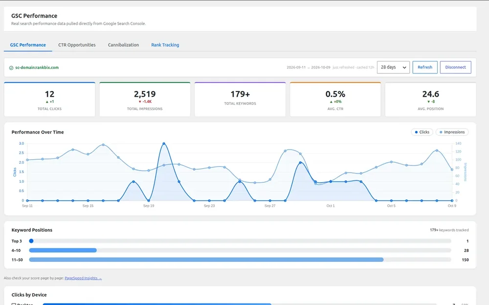 Search Console performance in Rank Bix SEO with clicks, impressions, CTR, position and a performance chart