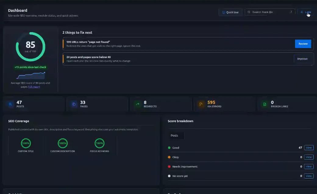 The Rank Bix SEO dashboard in dark mode