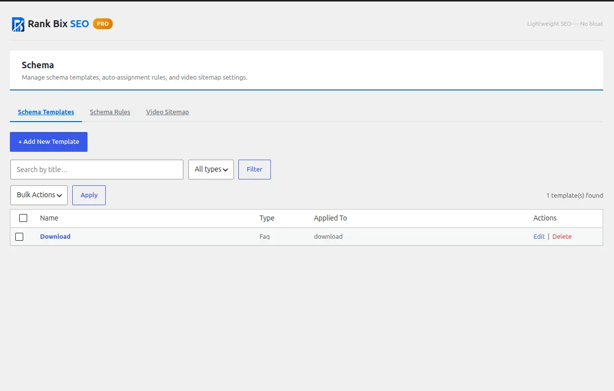 Rank Bix Pro Schema Templates list showing reusable structured data templates with Schema Rules and Video Sitemap tabs