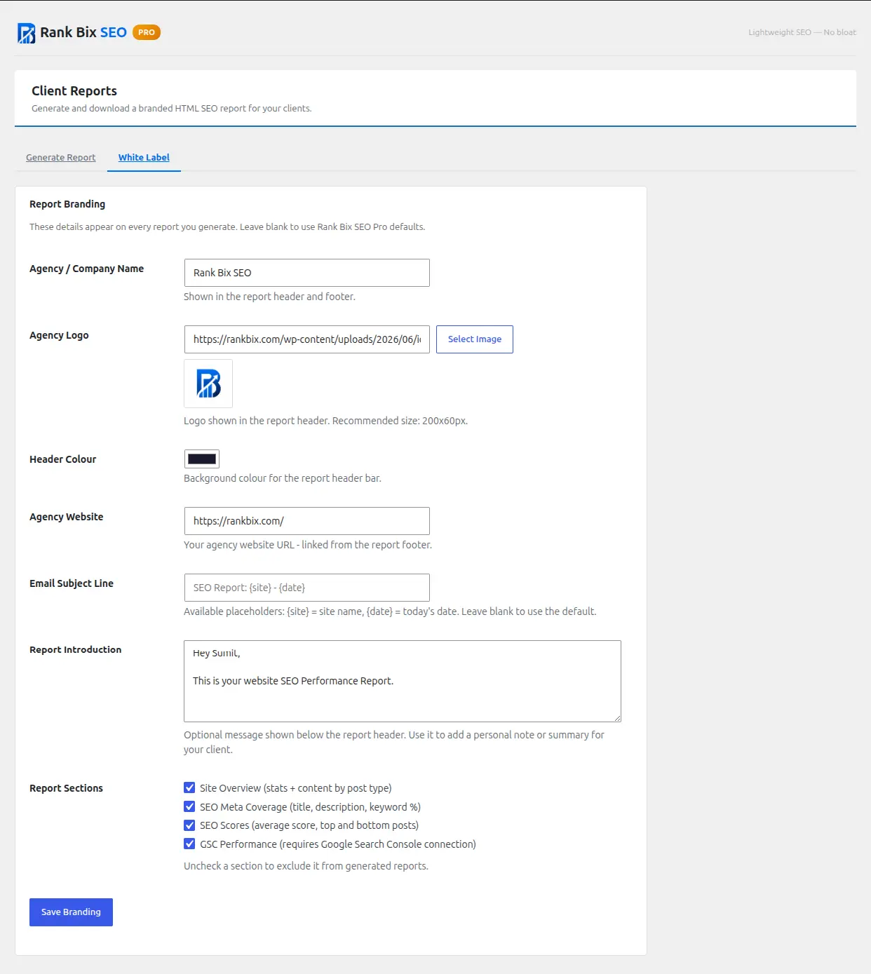 Rank Bix Pro White Label — agency branding settings with logo upload and custom report name