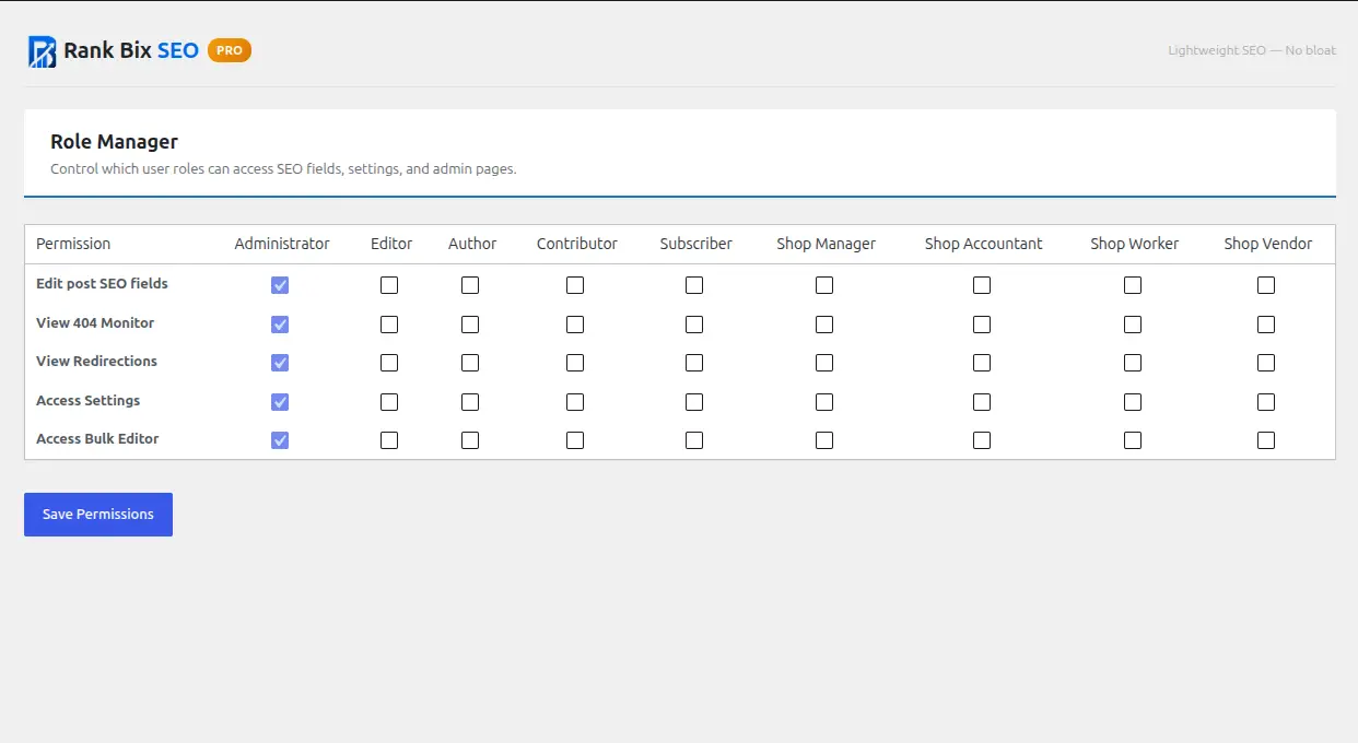 Rank Bix Pro Role Manager — permission matrix showing feature access per WordPress user role