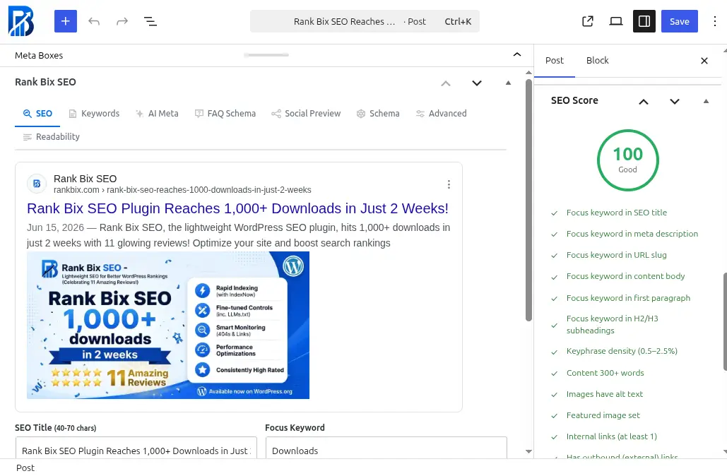 Rank Bix SEO meta box in the WordPress block editor with live 100/100 SEO score