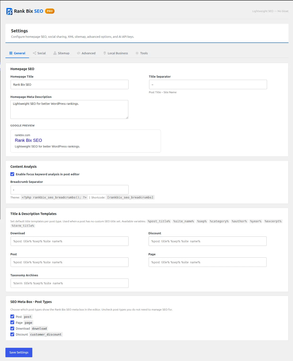 Rank Bix Settings — General tab with homepage SEO, title templates and Google SERP preview