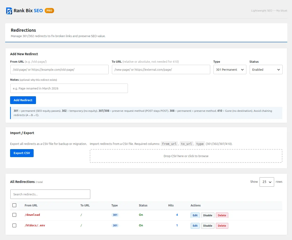 Rank Bix Redirections manager showing 301 redirects with hit counters and status toggles