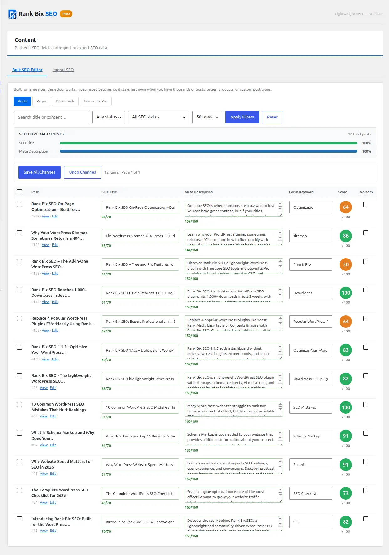 Rank Bix Bulk SEO Editor — table of posts with inline editable SEO titles, descriptions and coverage stats