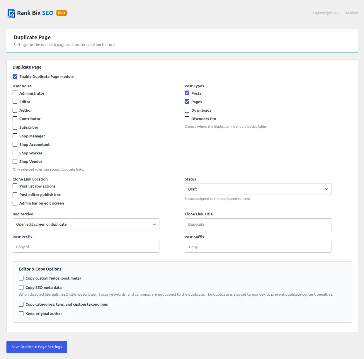 Rank Bix Duplicate Page settings showing user roles, post types and clone link location
