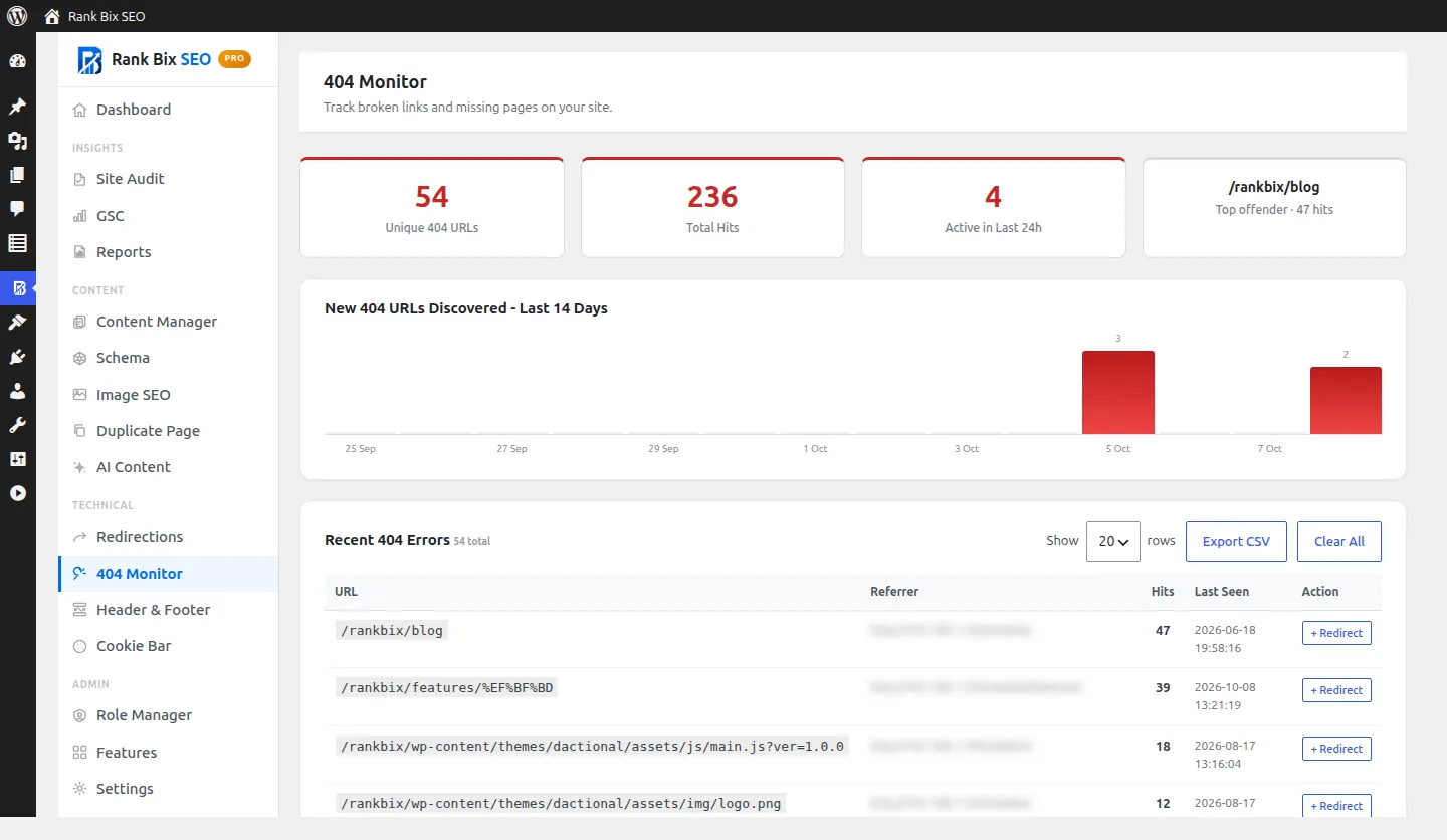 404 Monitor & Broken Links screen in Rank Bix SEO