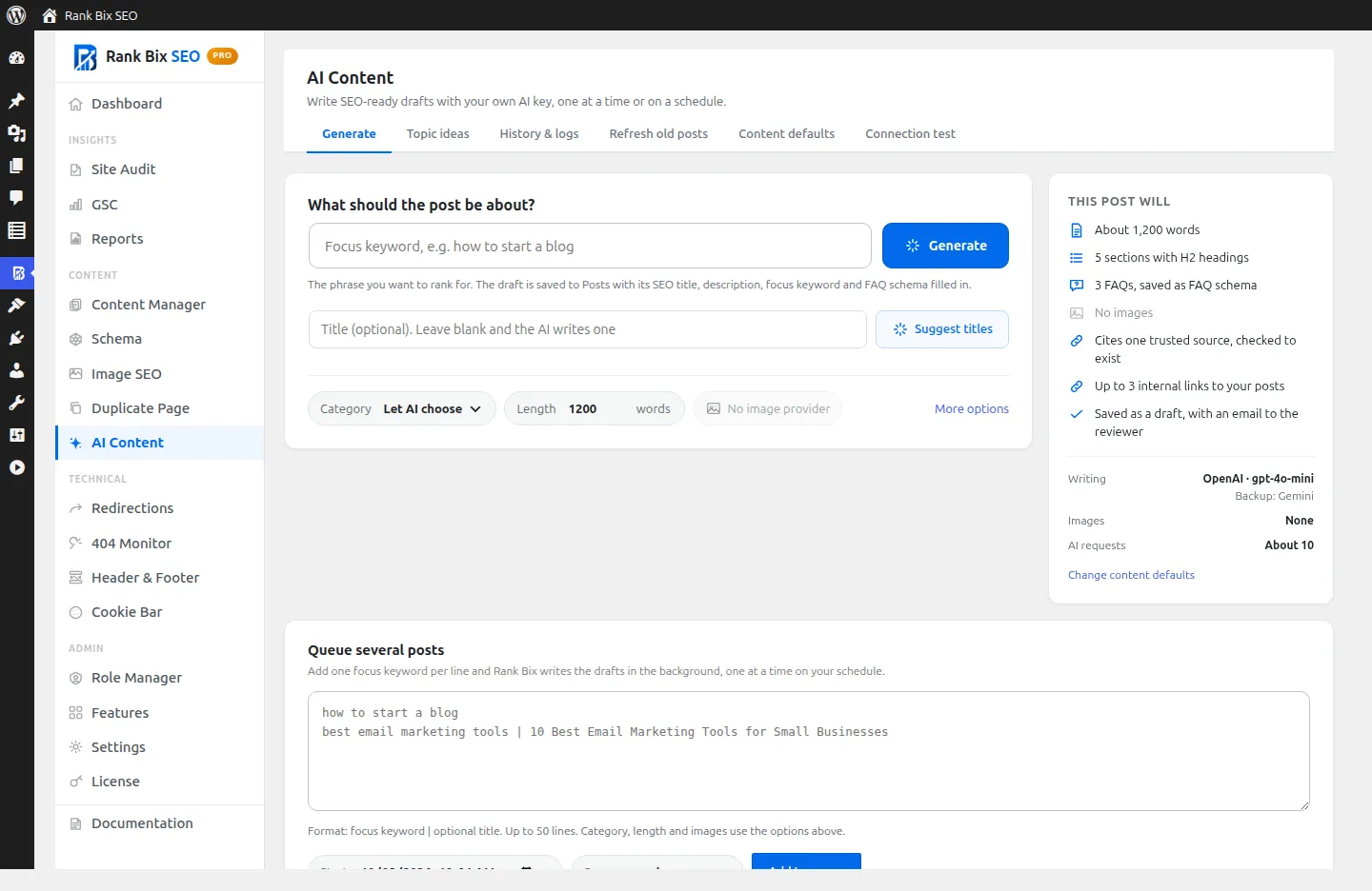 AI Content screen in Rank Bix SEO