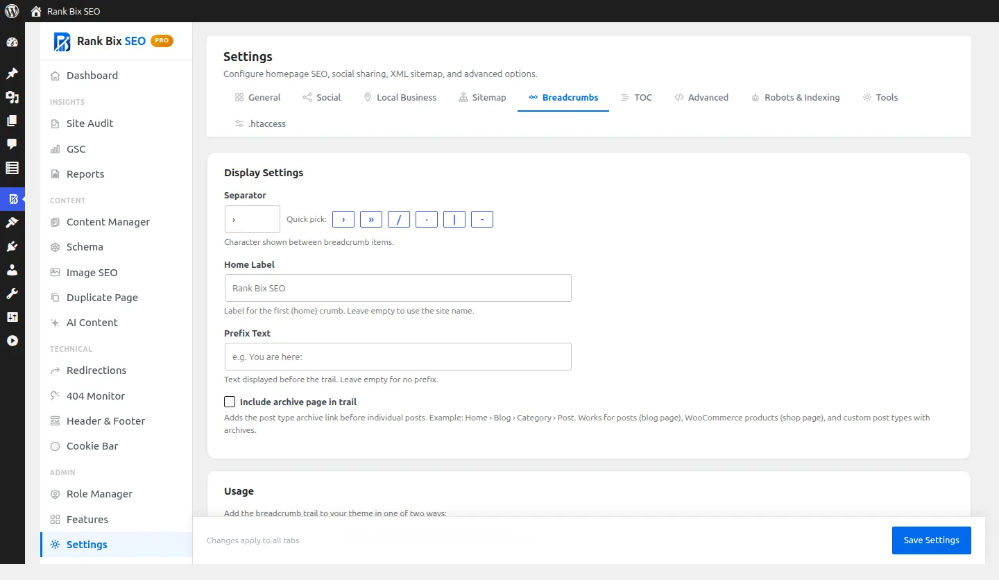 Breadcrumbs screen in Rank Bix SEO