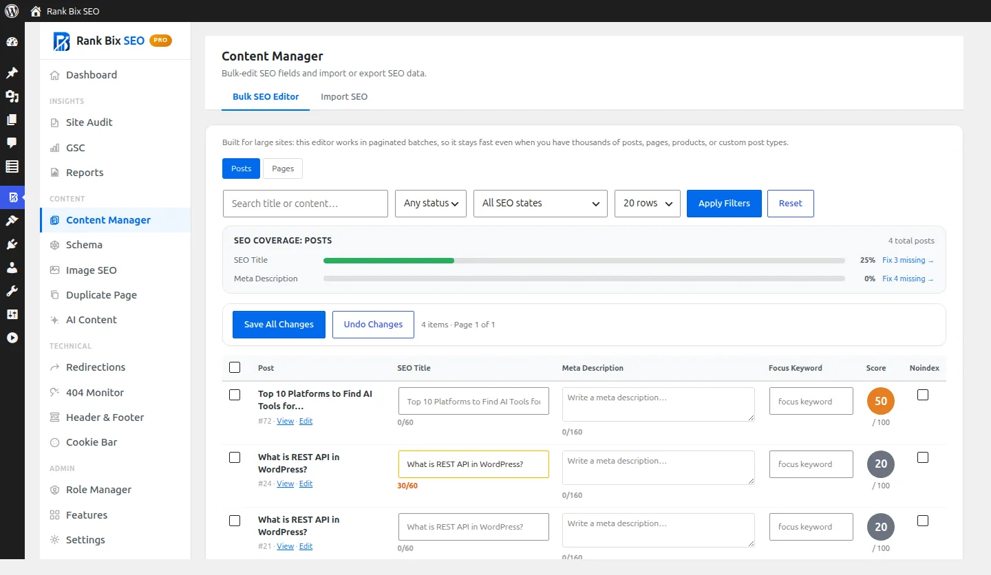 Bulk SEO Editor screen in Rank Bix SEO