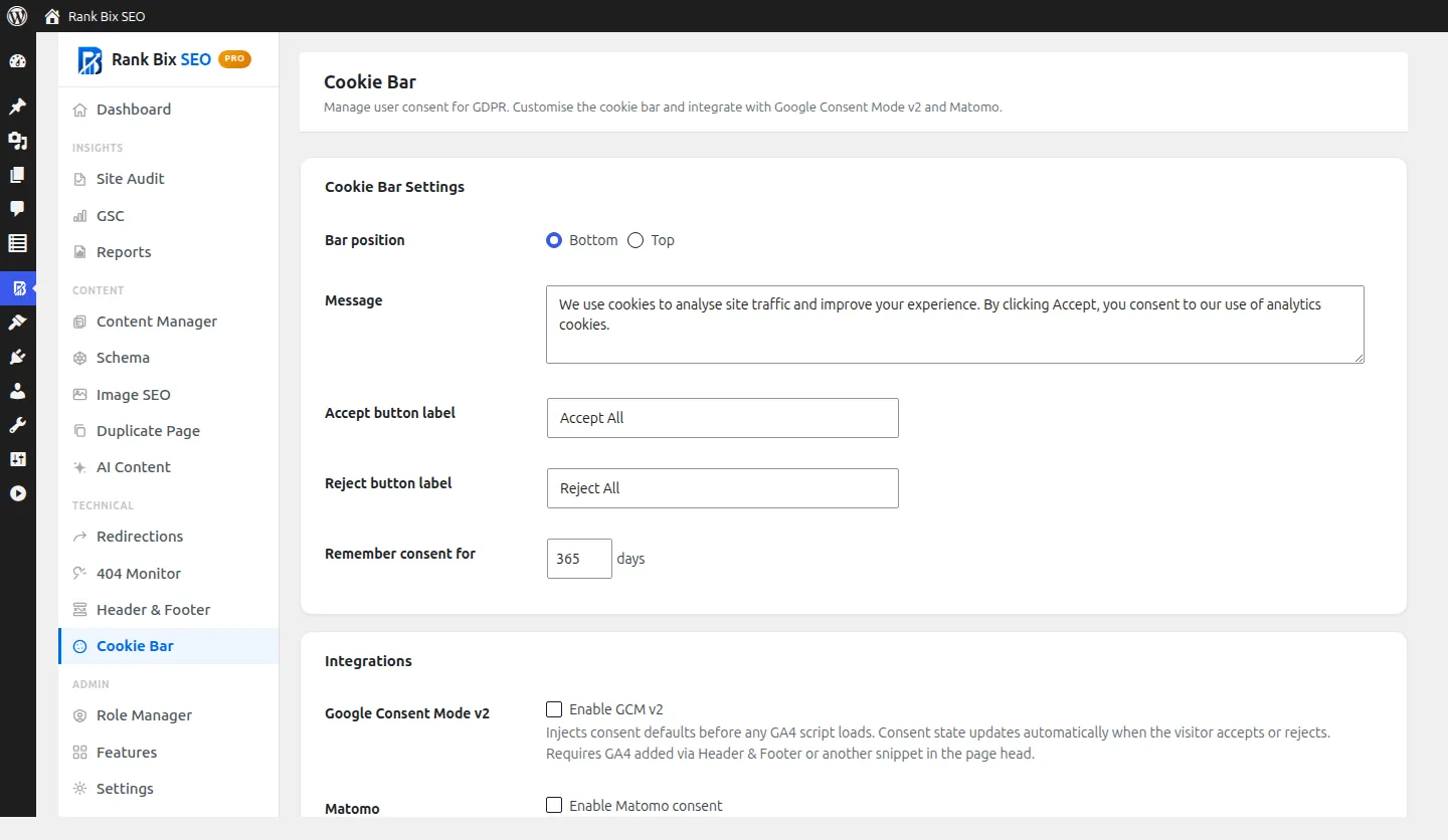 Cookie Bar screen in Rank Bix SEO