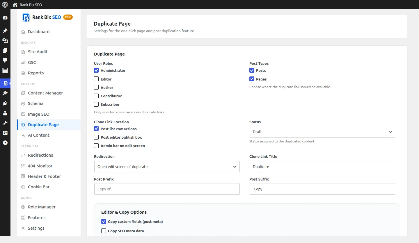 Duplicate Page screen in Rank Bix SEO