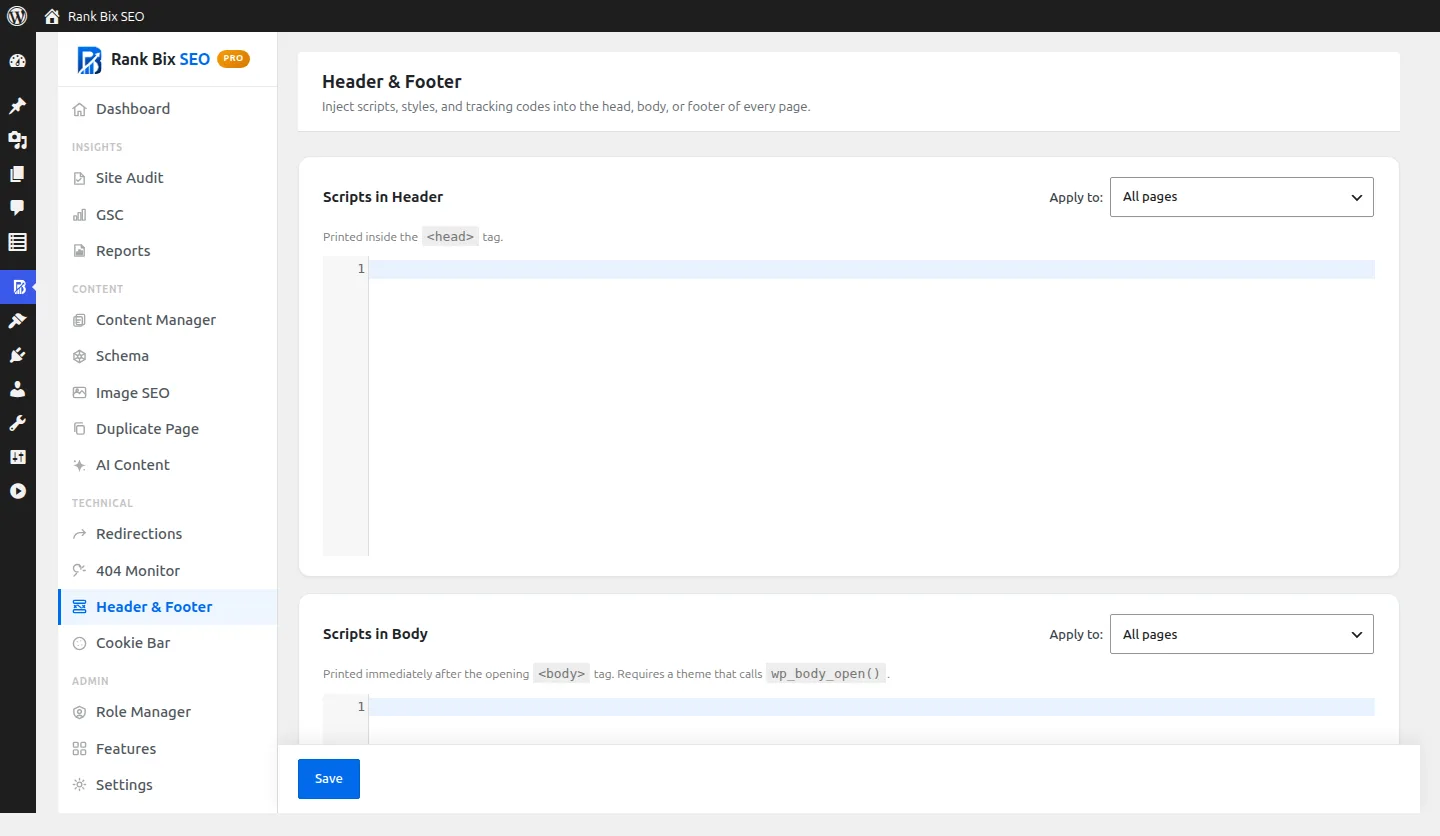 Header & Footer Code screen in Rank Bix SEO