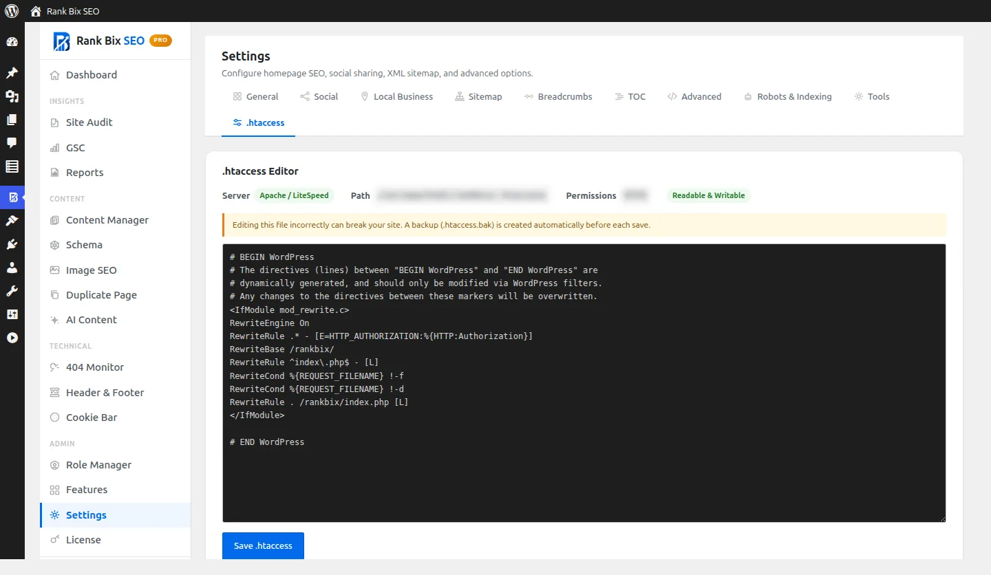 .htaccess Editor screen in Rank Bix SEO