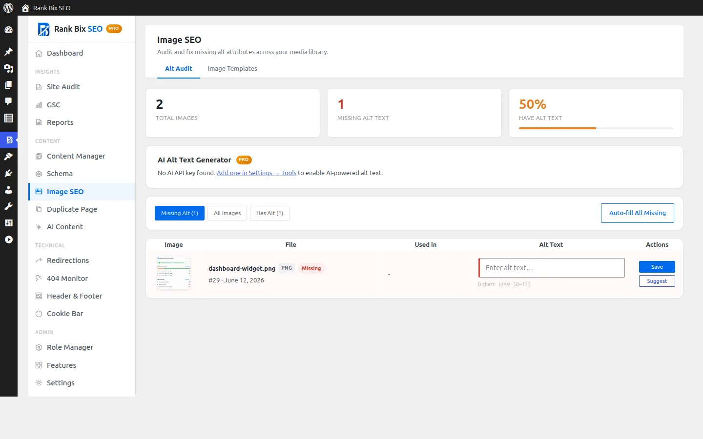 Image SEO screen in Rank Bix SEO