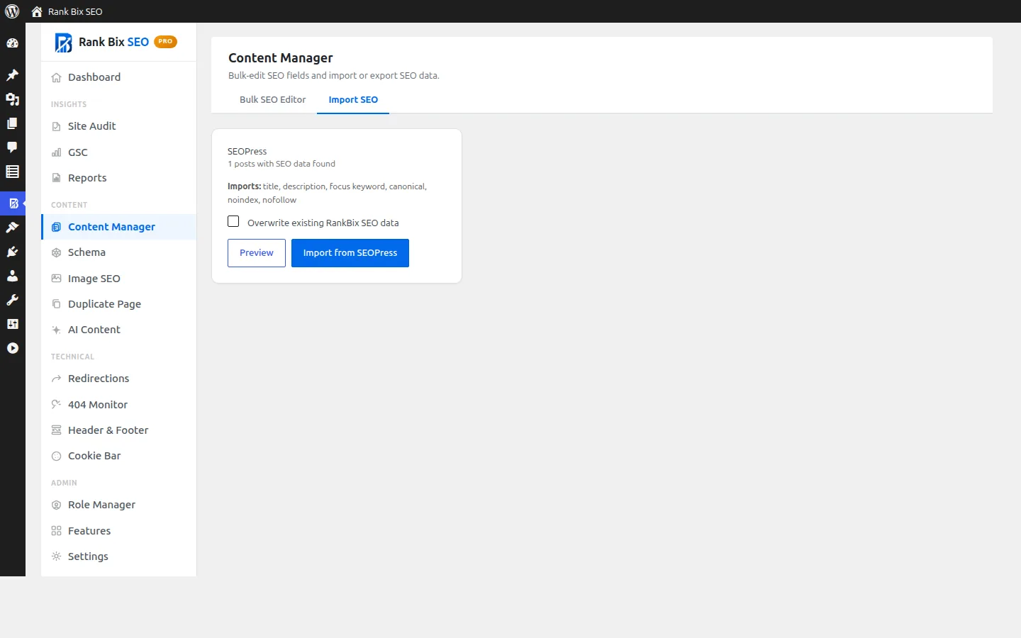 SEO Importer screen in Rank Bix SEO