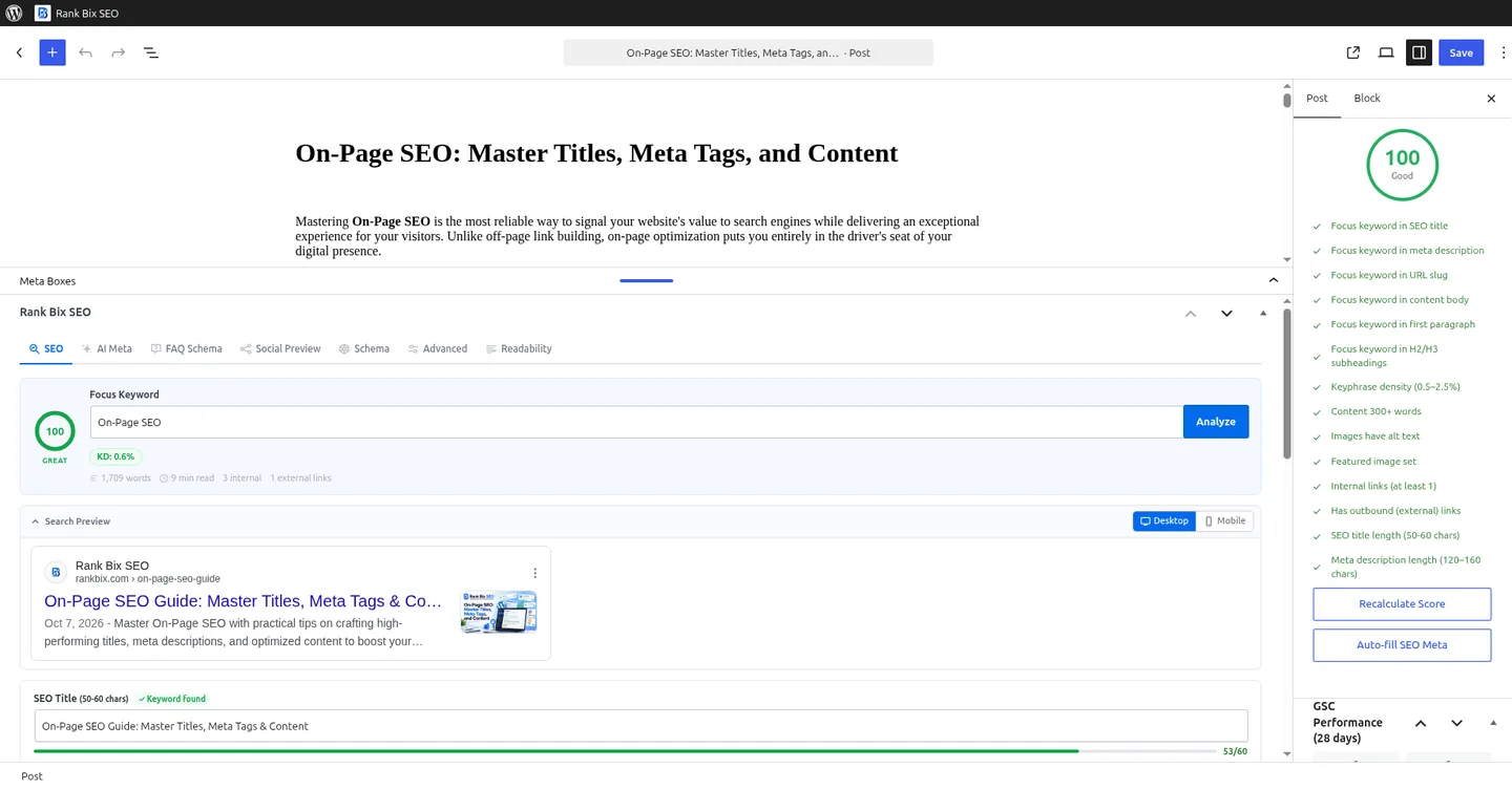 SEO Score & Keyword Analysis screen in Rank Bix SEO