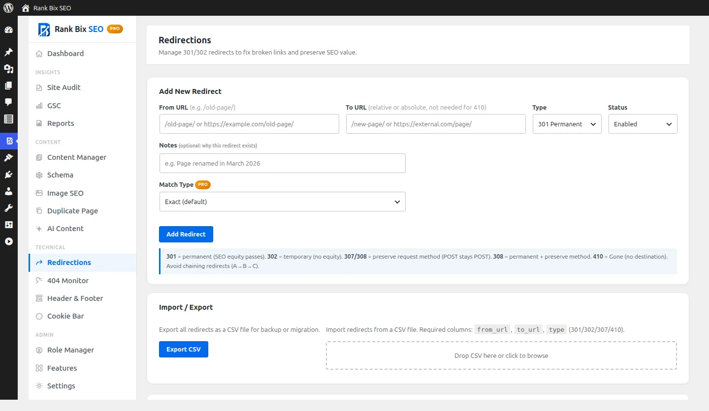 Redirects screen in Rank Bix SEO