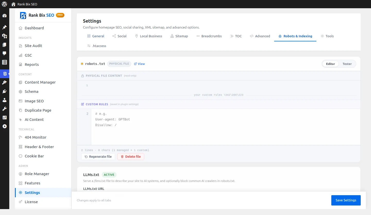 Robots.txt & LLMs.txt screen in Rank Bix SEO