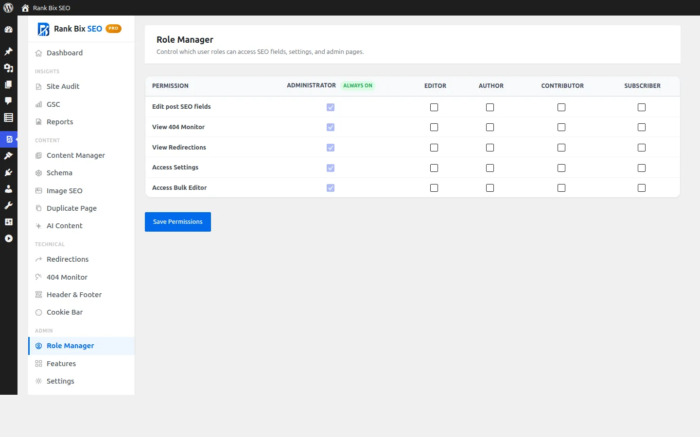 Role Manager screen in Rank Bix SEO
