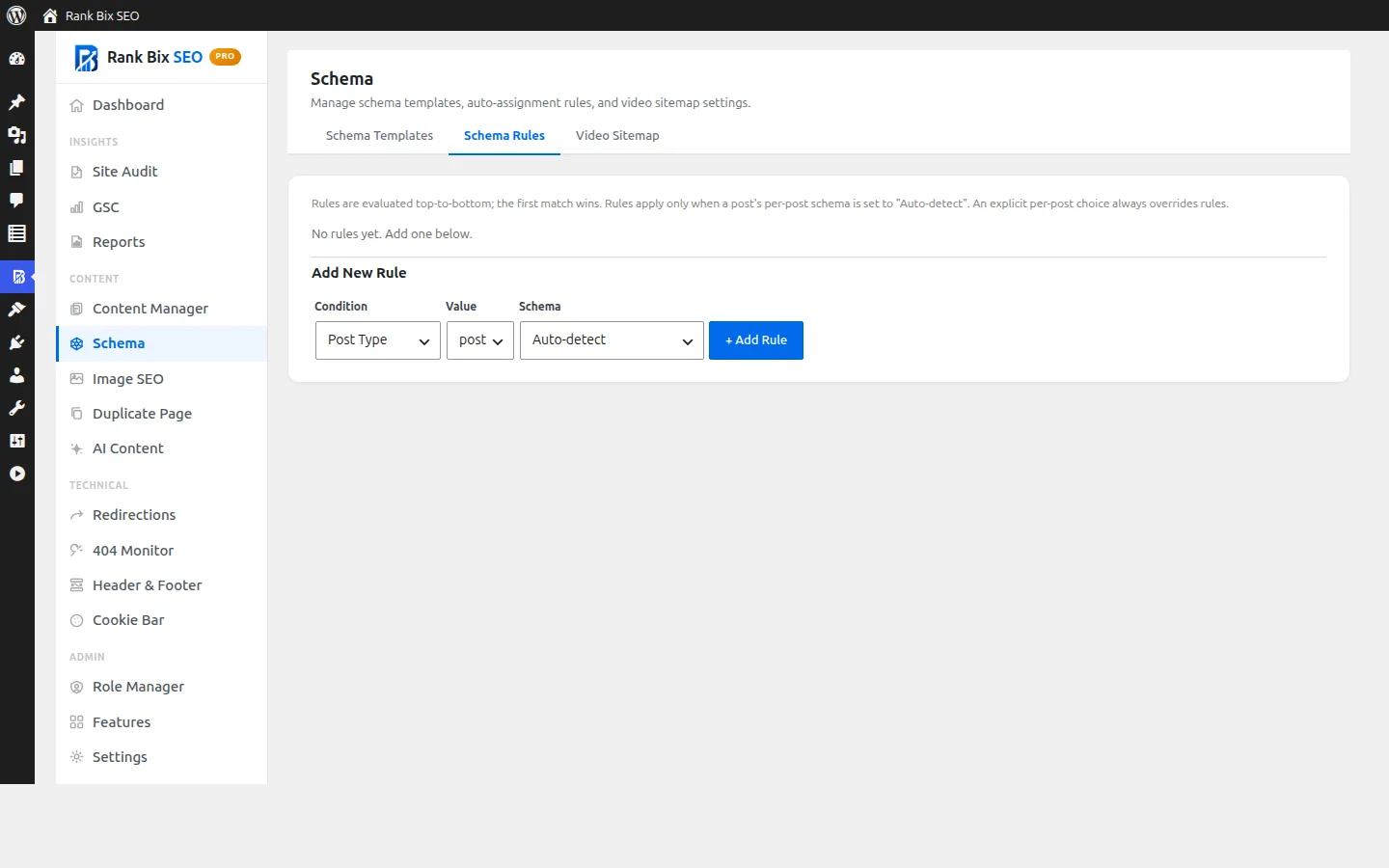 Schema Markup screen in Rank Bix SEO