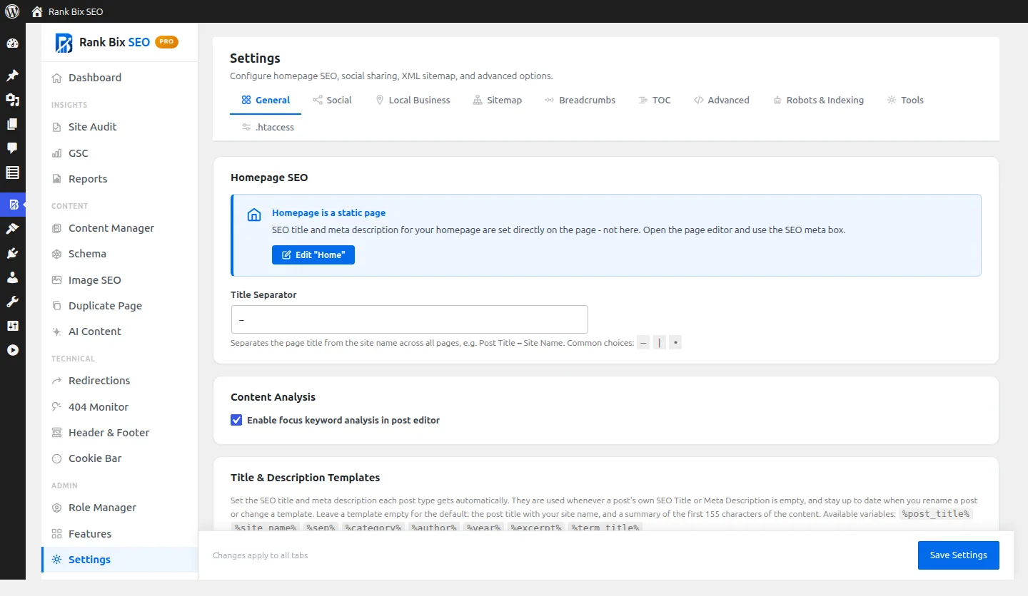 Titles & Descriptions screen in Rank Bix SEO