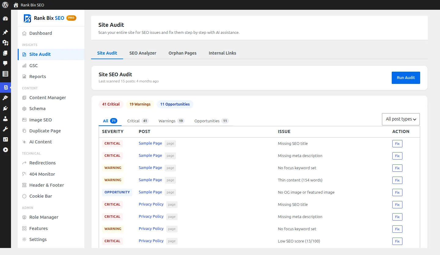 Site Audit screen in Rank Bix SEO