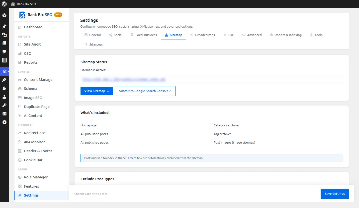 Sitemaps screen in Rank Bix SEO