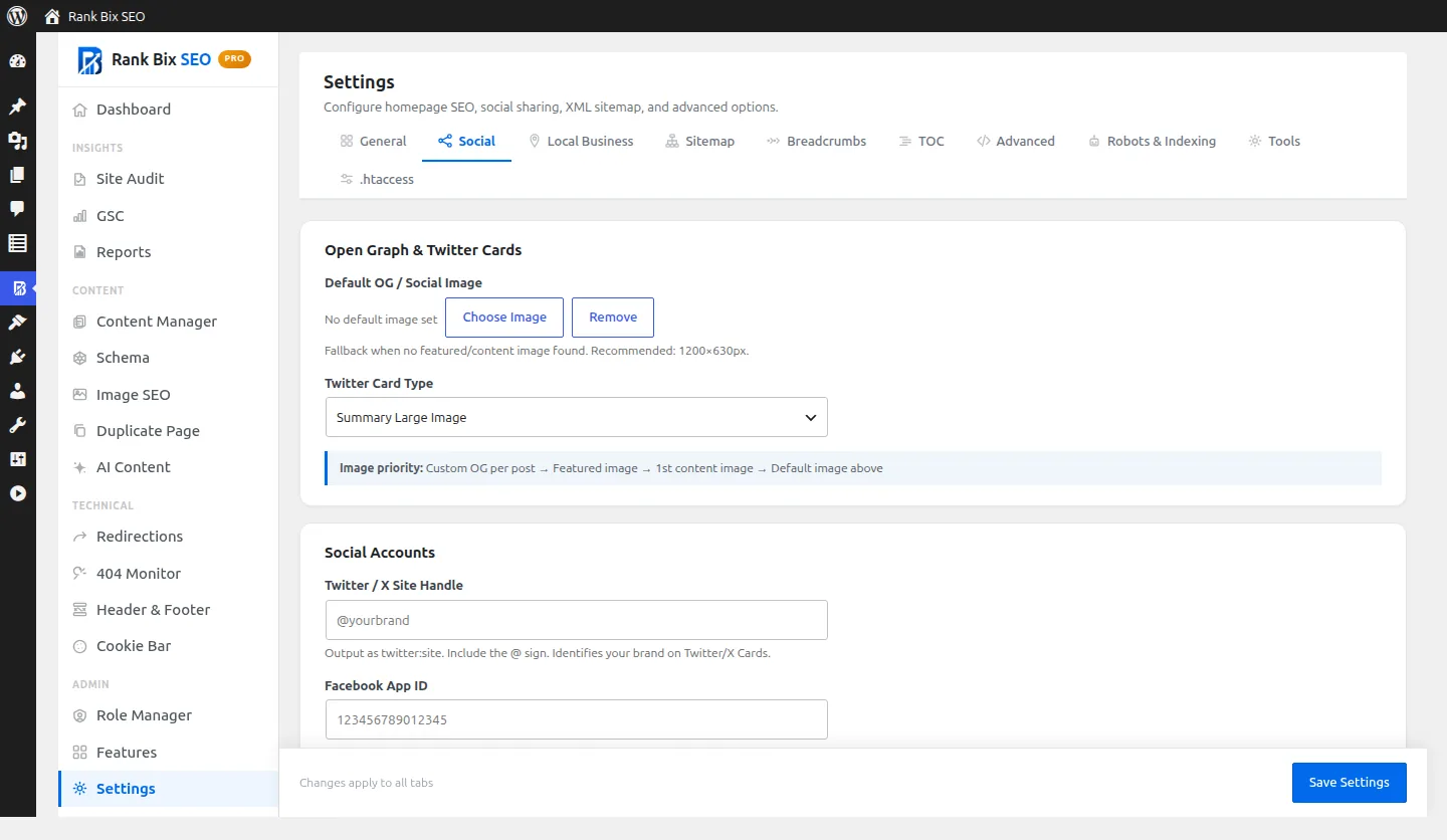 Social Sharing screen in Rank Bix SEO