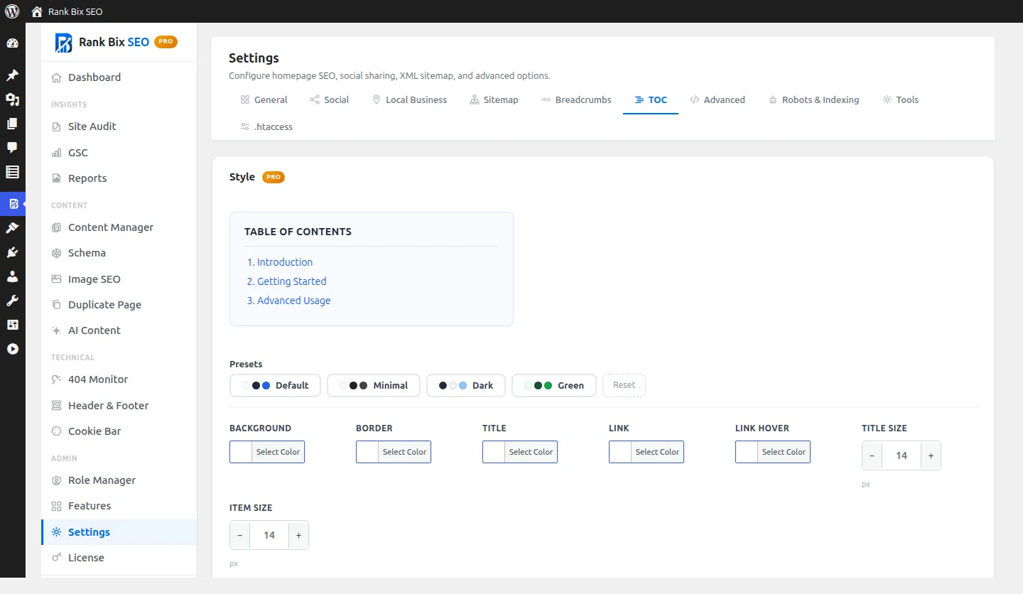 Table of Contents screen in Rank Bix SEO